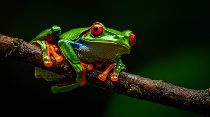 Naklejka premium Close-Up of Red-Eyed Tree Frog Resting on Branch with Soft Lighting