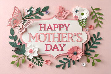 Happy Mother's Day with craft paper Flowers, Leaves and Butterflies on Pink Background 