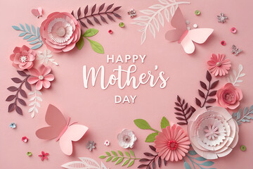 Happy Mother's Day with craft paper Flowers, Leaves and Butterflies on Pink Background 