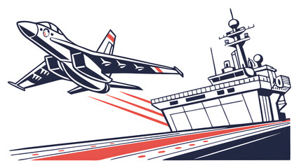 Aircraft carrier, fighter jet landing, take off from CARRIER in a war situation, black & white vector illustration 