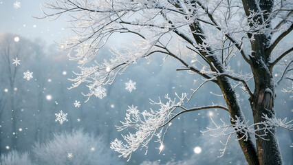 Obraz premium Winter Snow Landscape Background with Frosty Tree and Falling Snowflakes - EPS Vector