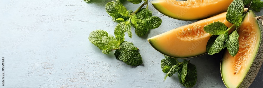 Aufkleber sliced melon garnished with fresh mint leaves on a light wooden table creating a refreshing summer v