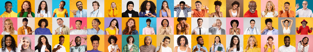 Poster A vibrant collage features a diverse group of individuals expressing various emotions. Each person represents different backgrounds, celebrating unity and diversity in a colorful setting.