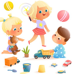Three Children Playing on Playground with Toys. Little kids friends playing outside or inside. Childhood playtime colorful clipart collection. Vector kids educational cartoon clip art collection.