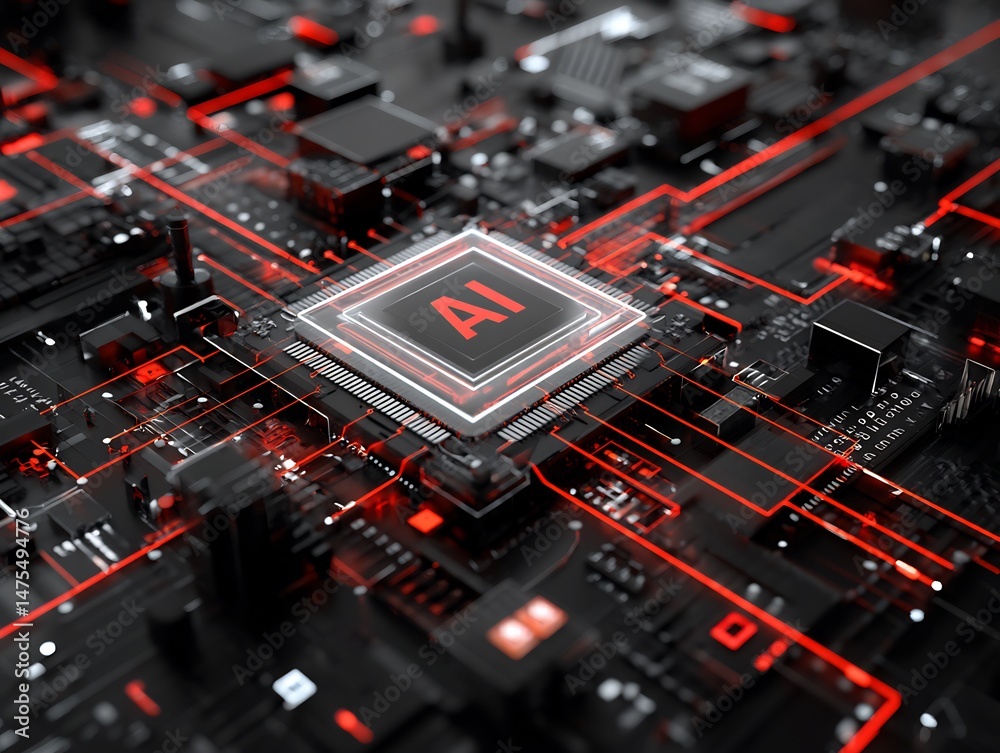 Poster advanced artificial intelligence circuit board rendering with red accents