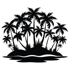 Black silhouettes of tropical palm trees populate a small island surrounded by dark water