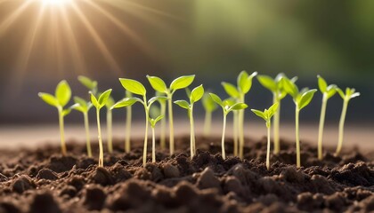 Young green seedlings sprouting from rich soil under warm sunlight, symbolizing growth, nature, and new beginnings. deal for concepts related to agriculture, sustainability, ecology, investment growth