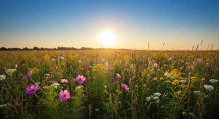 Obraz premium Colorful wildflower field at sunrise