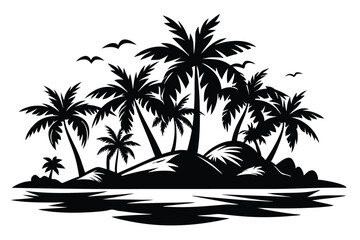 Black silhouette depicts a tropical island landscape featuring palm trees and birds in flight