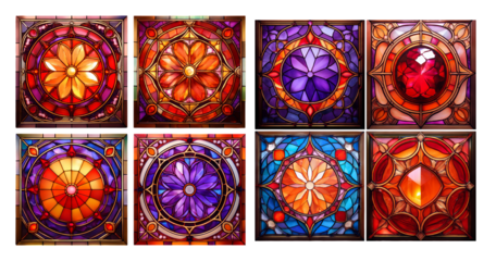 Vibrant Stained Glass Tiles with Intricate Floral Patterns, PNG bundle collection, Isolated on Transparent Background