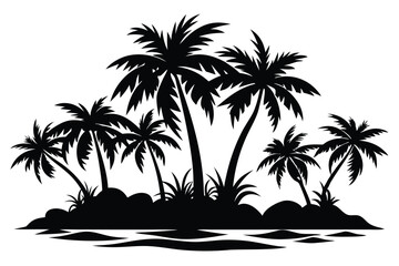 Black silhouettes show palm trees on an island against a white background scene