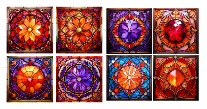 Vibrant Stained Glass Tiles with Intricate Floral Patterns, PNG bundle collection, Isolated on Transparent Background - Powered by Adobe