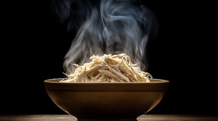 Steaming bowl of delicious shredded chicken breast ready to eat hot food meal diet dark tasty lunch