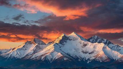 Obraz premium Snow-Covered Mountain Peaks with Dramatic Sunset Sky and Clouds – Majestic Nature Landscape
