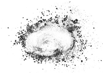 Pile of black coal chunks isolated on a white background, top view. Particles of charcoal.