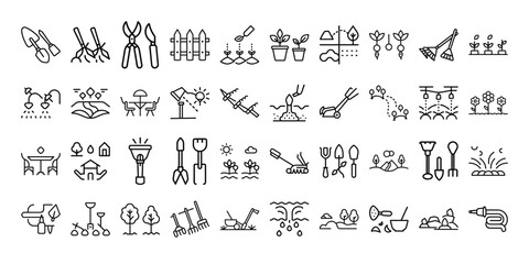Landscaping Tools and Garden Equipment Icons on White Background