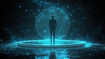 Businessman, futuristic stage, digital moon