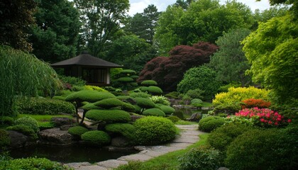 Fototapeta premium Lush Japanese garden with stone paths