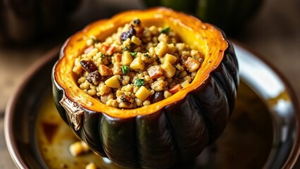 Acorn squash roasted and filled with quinoa stuffing.