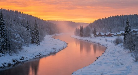 Fototapeta premium Winter River Sunrise Scene