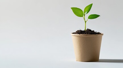 A small sprout emerges from dark soil in a biodegradable pot against a bright background