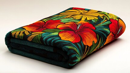 Vibrant tropical hibiscus flower beach towel design summer red art teal dark leaf green black print