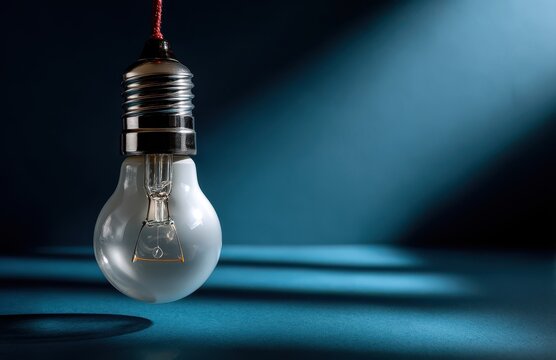 Light bulb hanging providing light in dark room with blue background