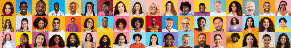 Poster A colorful collection of smiling faces showcases the richness of diversity. Each person radiates joy, representing various backgrounds in a vivid setting.