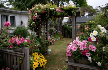 Fototapeta premium Lush flower garden with wooden pergola covered in climbing roses
