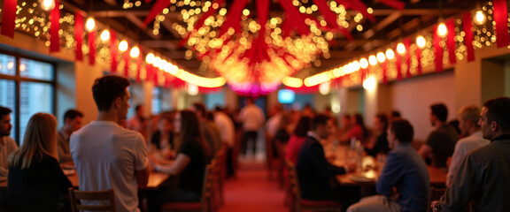 Fototapeta premium Crowded festive hall decorated with red lights and garlands