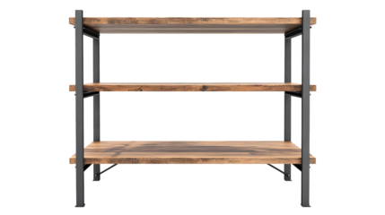 Rustic wooden shelving unit with black metal frame