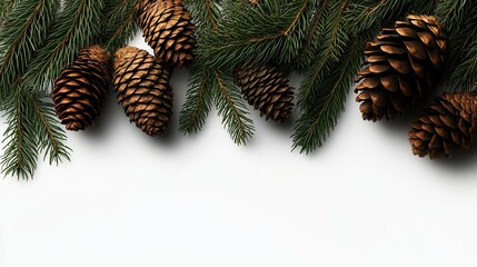 Naklejka premium Beautiful brown pine cones and green branches on white background winter holiday decoration wood life