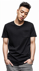 Obraz premium male portrait casual streetwear black shirt young man modern fashion confident attitude urban accessories hairstyle posing arms cool elegant isolated expression music artist silver earrings t-shirt 