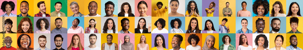 Poster a lively collection of portraits features a diverse group of people expressing happiness. each indiv