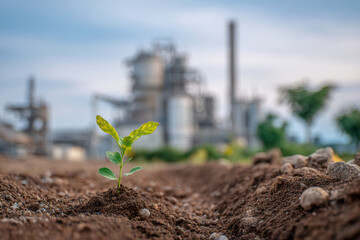 A small plant emerges from disturbed soil in the foreground, contrasted by industrial structures such as a white tank and smoke stack in the background The scene is dominated by earth - AI-Generated