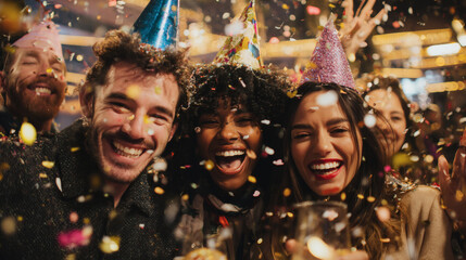 A diverse group of friends laughing and celebrating at a lively party, covered in confetti.