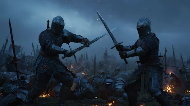 Two Medieval Knights Dueling on a Battlefield at Night