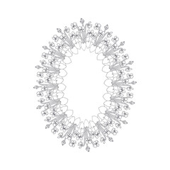 Hand drawn black and white line art canary islands flowers blue violet wreath. Card template with cute floral frame. Botanical vector illustration isolated on white.