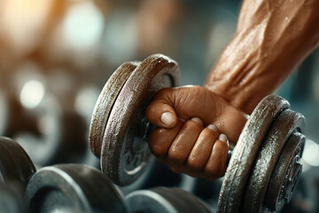 Close-up of sweaty hands gripping a chrome dumbbell in a blurred gym backdrop, with bright lighting and lens flare - AI-Generated