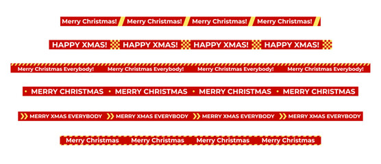 Christmas text messages set on red line tape, red police tape style. Xmas Holiday decoration, greeting print design, seasonal greeting design elements. Vector illustration