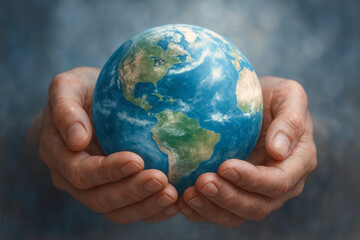 A close-up shot of human hands tenderly holding a detailed Earth globe, emphasizing the need for global care and environmental stewardship. This image represents sustainability, conservation, 