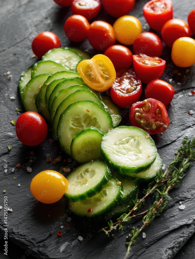 Poster freshly sliced cucumbers and vibrant cherry tomatoes arranged on a slate platter for a healthy snack