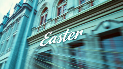 Precise architectural color photography of a dynamic, cool-toned Easter card in motion. Easter greetings featured. Blues, greens, purples, blurred lines, sharp lines, wide angle, detailed structures.j