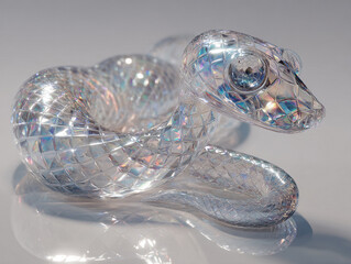 A translucent, snake-like crystal or glass object is displayed on a light grey surface The object has a shimmering reflective quality, with scales-like elongated forms Soft diffused l - AI-Generated