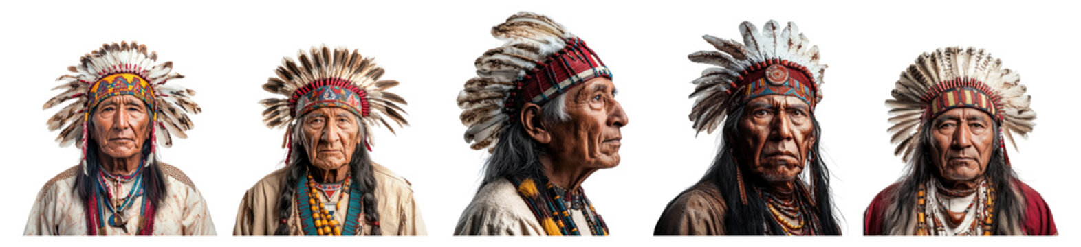 Traditional Indigenous Portraits Featuring Native American Heritage, PNG bundle collection, Isolated on Transparent Background
