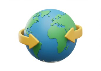 Earth globe with yellow arrows circling it on a plain white background view