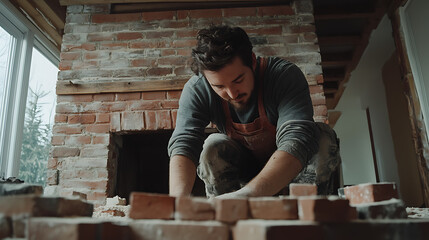 Man Working with Bricks Near a Fireplace