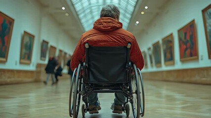 A person in a wheelchair gazes at art in a gallery, highlighting accessibility in modern spaces. - Powered by Adobe