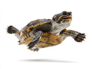 Eastern box turtle leaping, textured iridescent background, dynamic pose, extended head, open mouth, shadowy underside, soft lighting, sharp focus, realistic style - AI-Generated