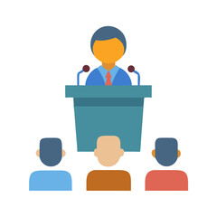 Speaker at a podium with audience flat illustration